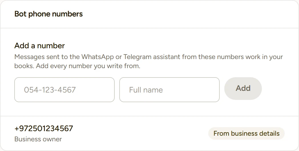 The "Bot phone numbers" card in Settings: messages from these numbers work in your books