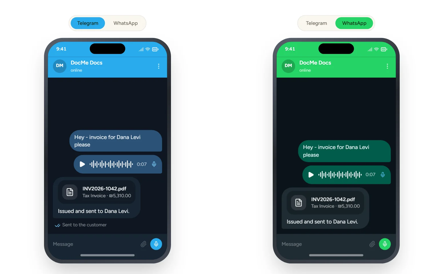The same request in Telegram and WhatsApp: a message and a voice note, and a tax invoice returned as a PDF