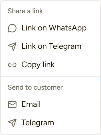 The Send menu: link on WhatsApp, link on Telegram, copy link, or send by Email and Telegram