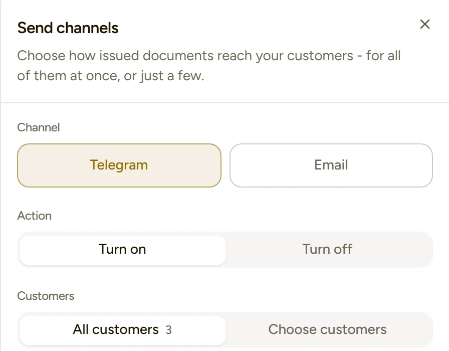 The "Send channels" panel: turn on Telegram or Email for every customer at once