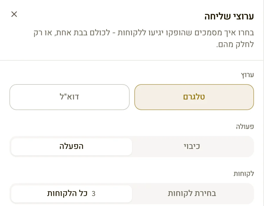 החלונית "ערוצי שליחה": הפעלת טלגרם או דוא"ל לכל הלקוחות בבת אחת