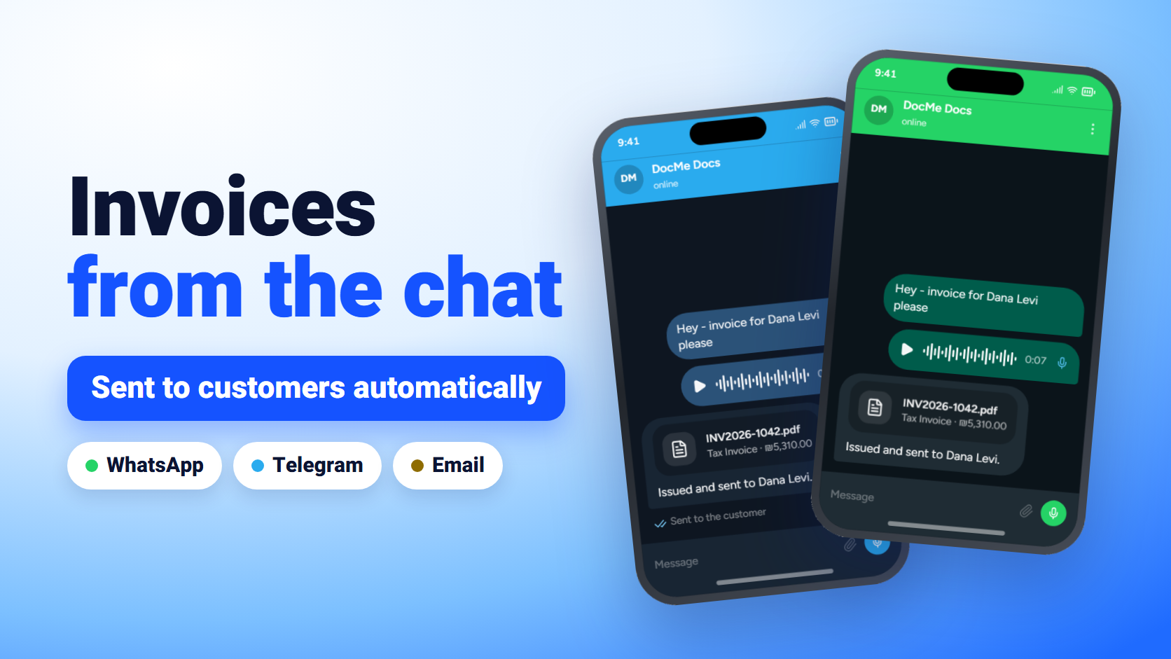 Invoices from the chat: issue on WhatsApp and Telegram, deliver automatically