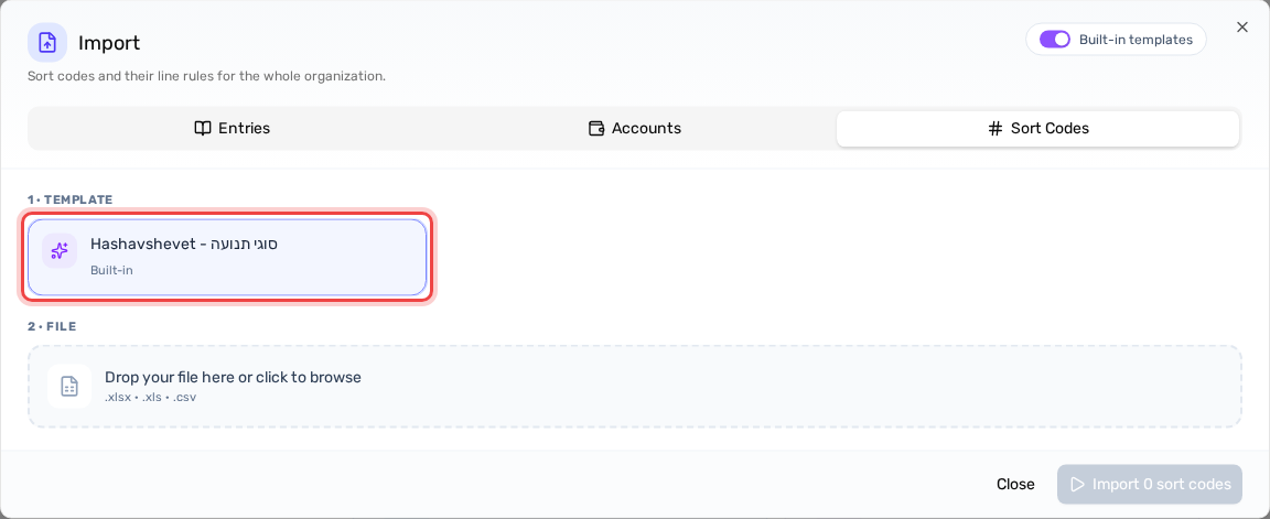 The Sort Codes tab and the Hashavshevet - סוגי תנועה template